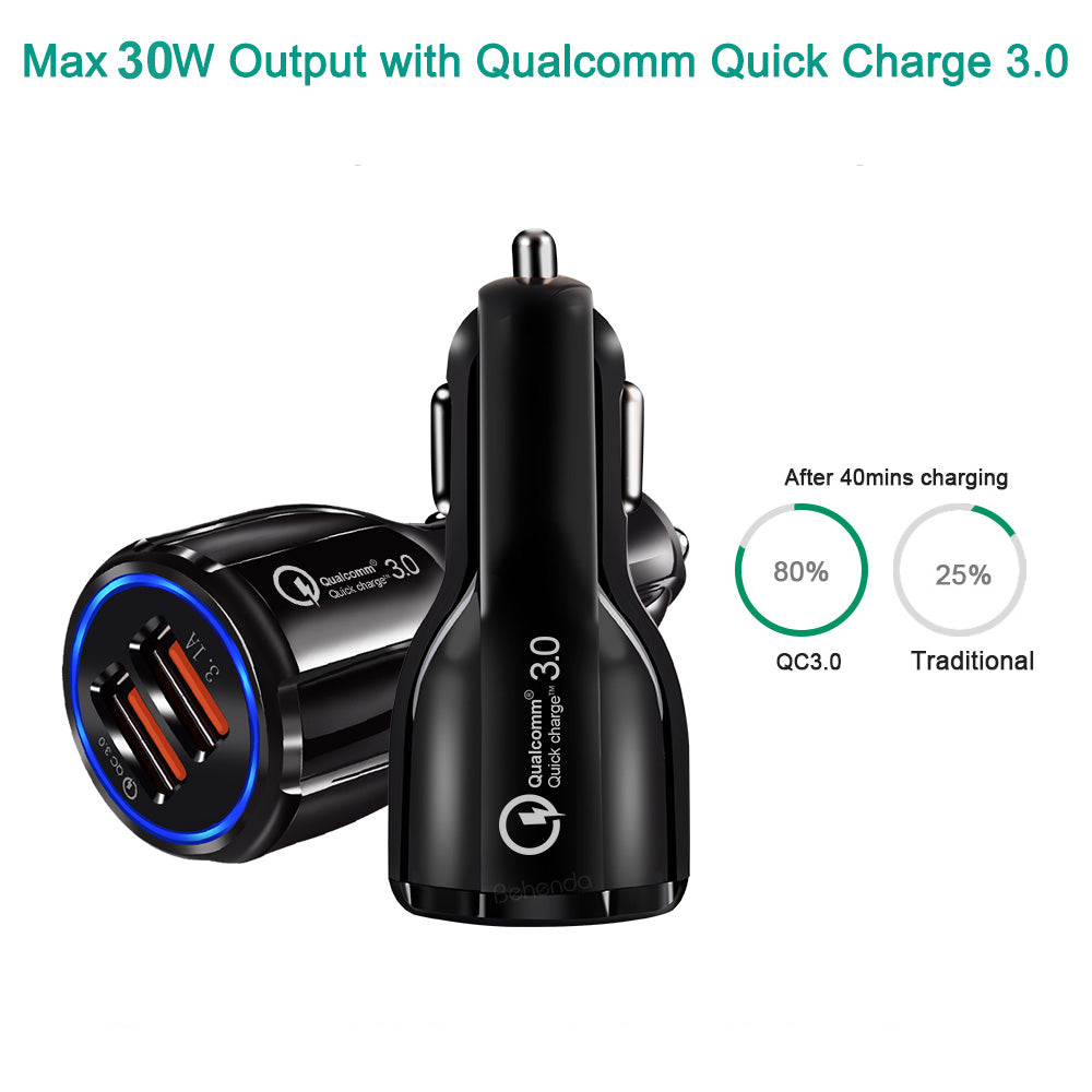 Maclean MCE478 2-Fach USB Ladegerät +1m USB Kabel Zigarettenanzünder Quick Charge 3.0 bis 30W Schnellladung KFZ 1xQC3.0 5V/3A, 9V/1.8A, 12V/1.6A 1x 5V/3.1A