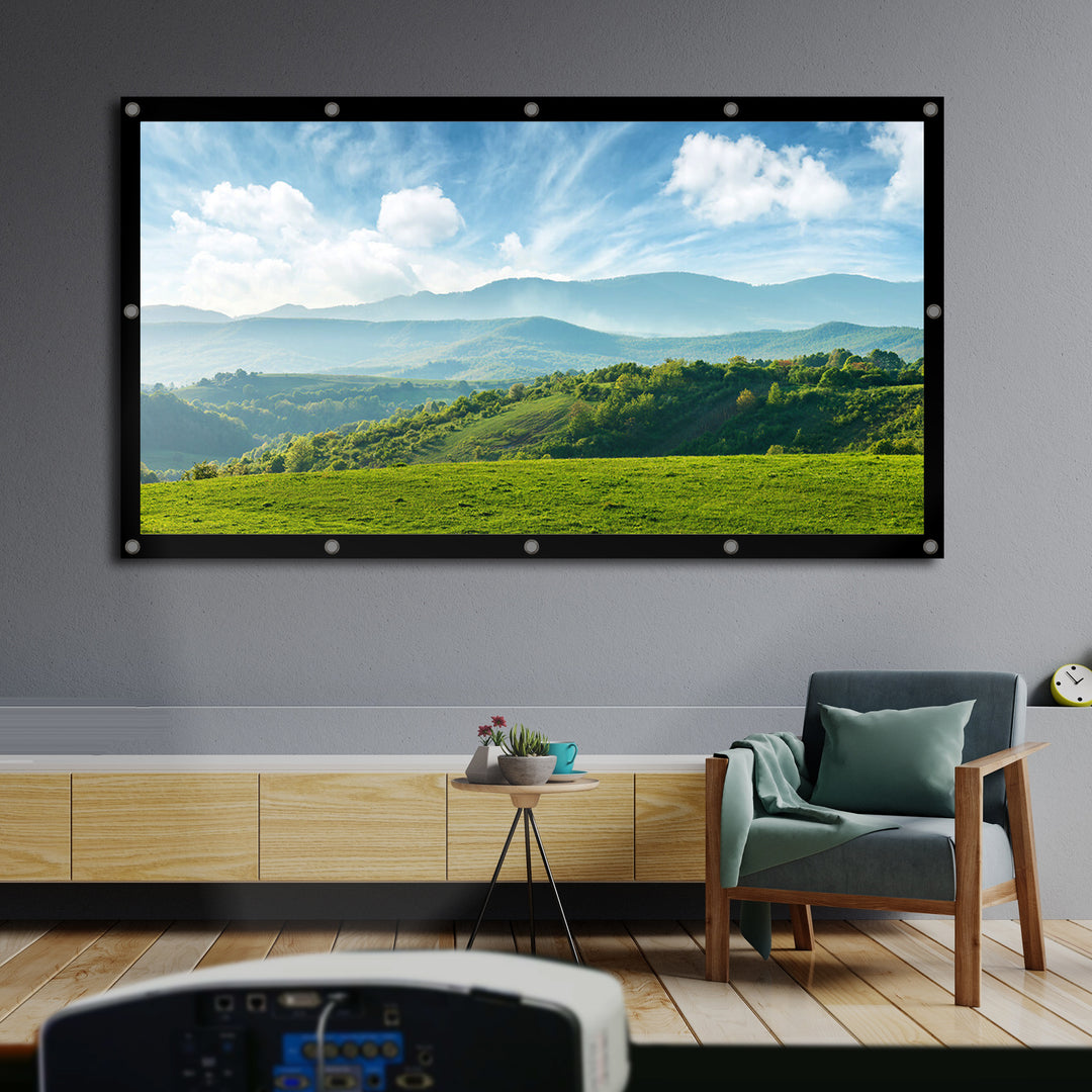 Maclean MC-980 84", 186x100cm Projektor-Leinwand Faltbarer Bildschirm Projektionswand mit Haken Betrachtungswinkel: 179° Tragbar Faltbar Spannhaken Beamerleinwand Präsentationswand 25 mm Rand 16:9