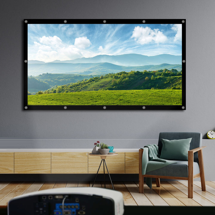 Maclean MC-980 84", 186x100cm Projektor-Leinwand Faltbarer Bildschirm Projektionswand mit Haken Betrachtungswinkel: 179° Tragbar Faltbar Spannhaken Beamerleinwand Präsentationswand 25 mm Rand 16:9