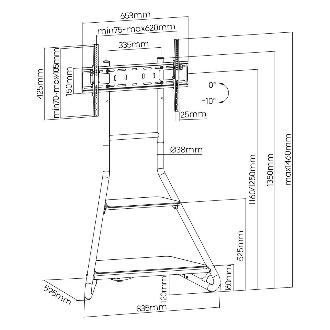 Eck-TV-Ständer im Bauhaus-Stil, Freistehender TV-Halter mit Zwei Ebenen aus Holz, Belastbarkeit bis zu 10 kg, TV-Halterung bis zu 40 kg, 37-75'', Max. VESA 600x400, Max. Höhe 1460 mm