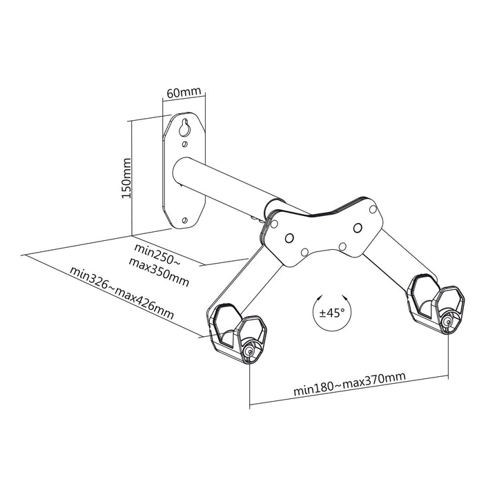 Maclean MC-457 Fahrrad-Wandhalterung Wandfahrradträger mit 2 Haken Horizontal Fahrradwandhalterung Fahrradhalter max. Belastung 25kg, Verstellbare Armabstände 45°