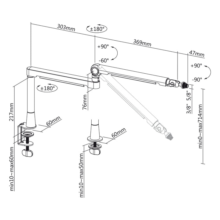 Professioneller Mikrofonständer mit integriertem Kabelmanagement Einstellbarer Mikrofonarm 3/8"- 5/8" Mikrofonschwenkarm Tischbefestiung max. 2kg