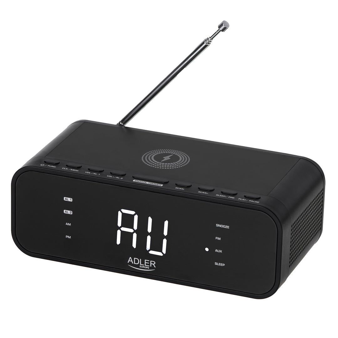 Radiowecker mit kabellosem Ladegerät Bluetooth 5.0 UKW-Radio 30 Sender Speicher Digitaler Wecker AUX-Eingang Snooze-Funktion Teleskopantenne Schwarz