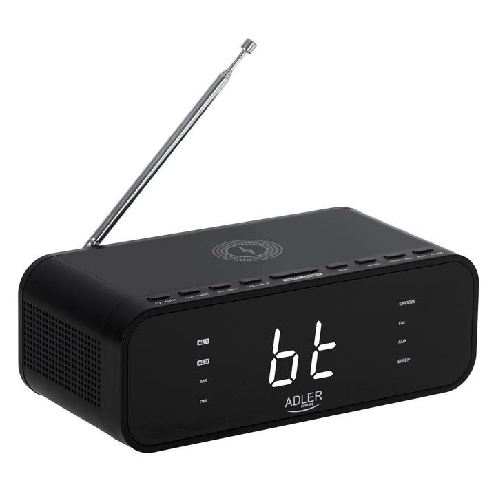 Radiowecker mit kabellosem Ladegerät Bluetooth 5.0 UKW-Radio 30 Sender Speicher Digitaler Wecker AUX-Eingang Snooze-Funktion Teleskopantenne Schwarz