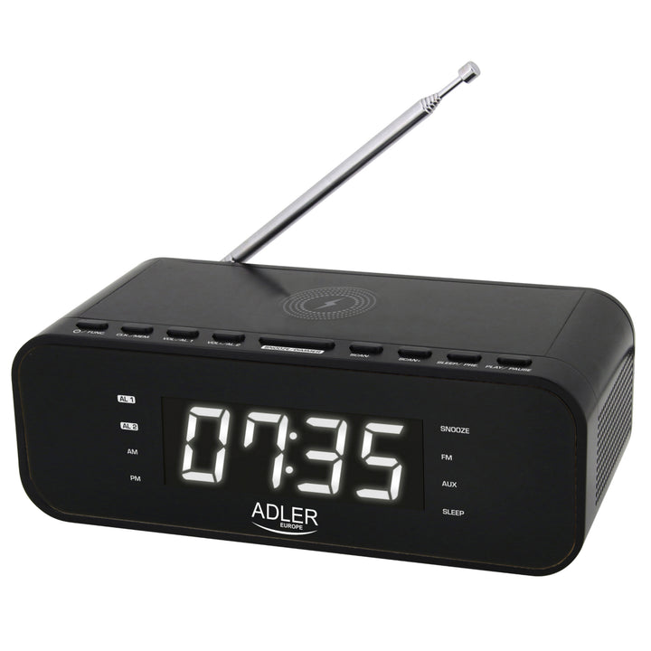 Radiowecker mit kabellosem Ladegerät Bluetooth 5.0 UKW-Radio 30 Sender Speicher Digitaler Wecker AUX-Eingang Snooze-Funktion Teleskopantenne Schwarz