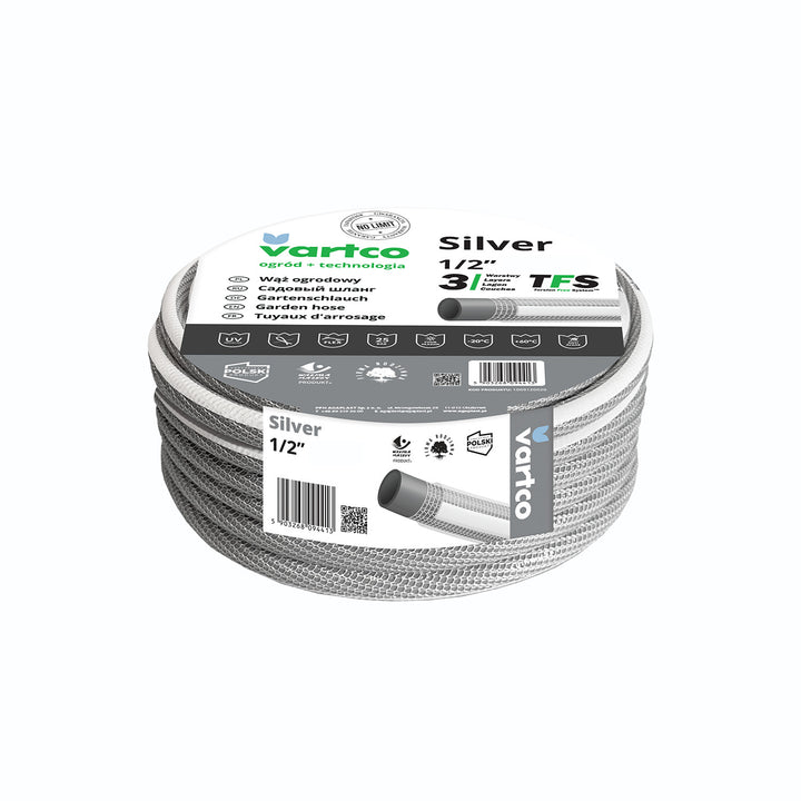 Vartco Silver TFS 3-lagiger Gartenschlauch Wasserschlauch Flexibel Anti Twist Schlauch Gartenbewässerung Flexischlauch UV-beständig 25 Bar 1/2" 50m