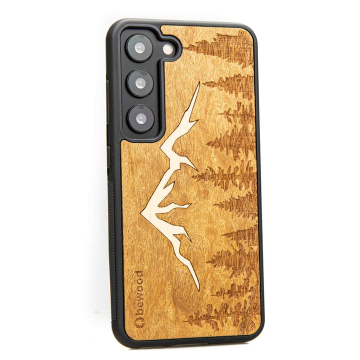 Bewood Handyhülle Holzetui Kompatibel mit Samsung Galaxy S23 Schutzhülle Hergestellt aus Naturholz Handwerkliche Präzision (Berge/Imbuia)