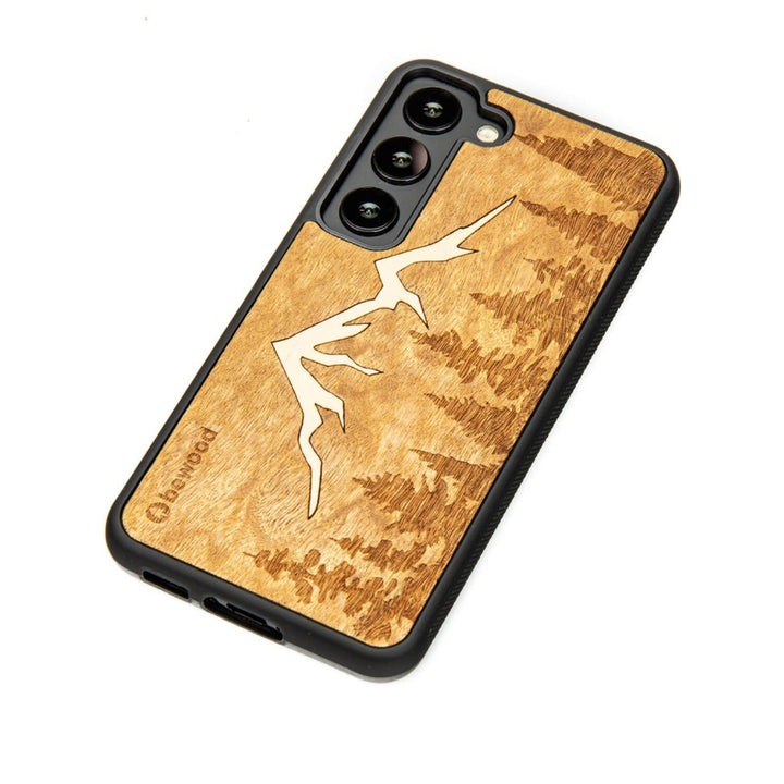 Bewood Handyhülle Holzetui Kompatibel mit Samsung Galaxy S23 Schutzhülle Hergestellt aus Naturholz Handwerkliche Präzision (Berge/Imbuia)