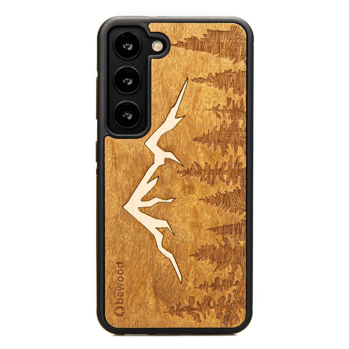 Bewood Handyhülle Holzetui Kompatibel mit Samsung Galaxy S23 Schutzhülle Hergestellt aus Naturholz Handwerkliche Präzision (Berge/Imbuia)