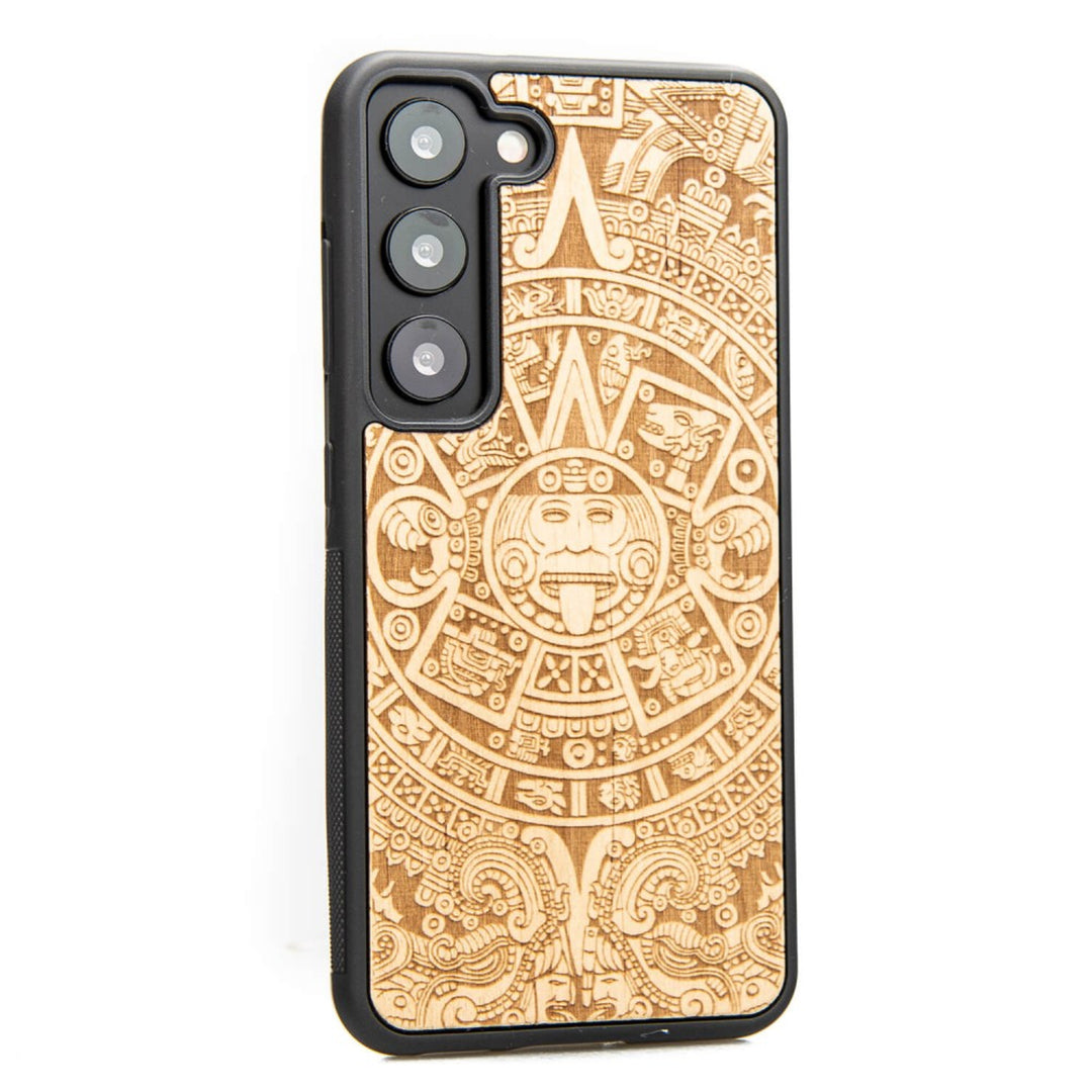 Bewood Handyhülle Holzetui Kompatibel mit Samsung Galaxy S23 Schutzhülle Hergestellt aus Naturholz Handwerkliche Präzision (Aztekischer Kalender/Aniegre)