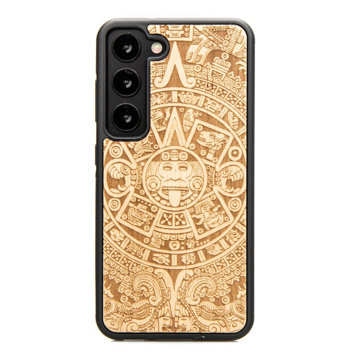 Bewood Handyhülle Holzetui Kompatibel mit Samsung Galaxy S23 Schutzhülle Hergestellt aus Naturholz Handwerkliche Präzision (Aztekischer Kalender/Aniegre)