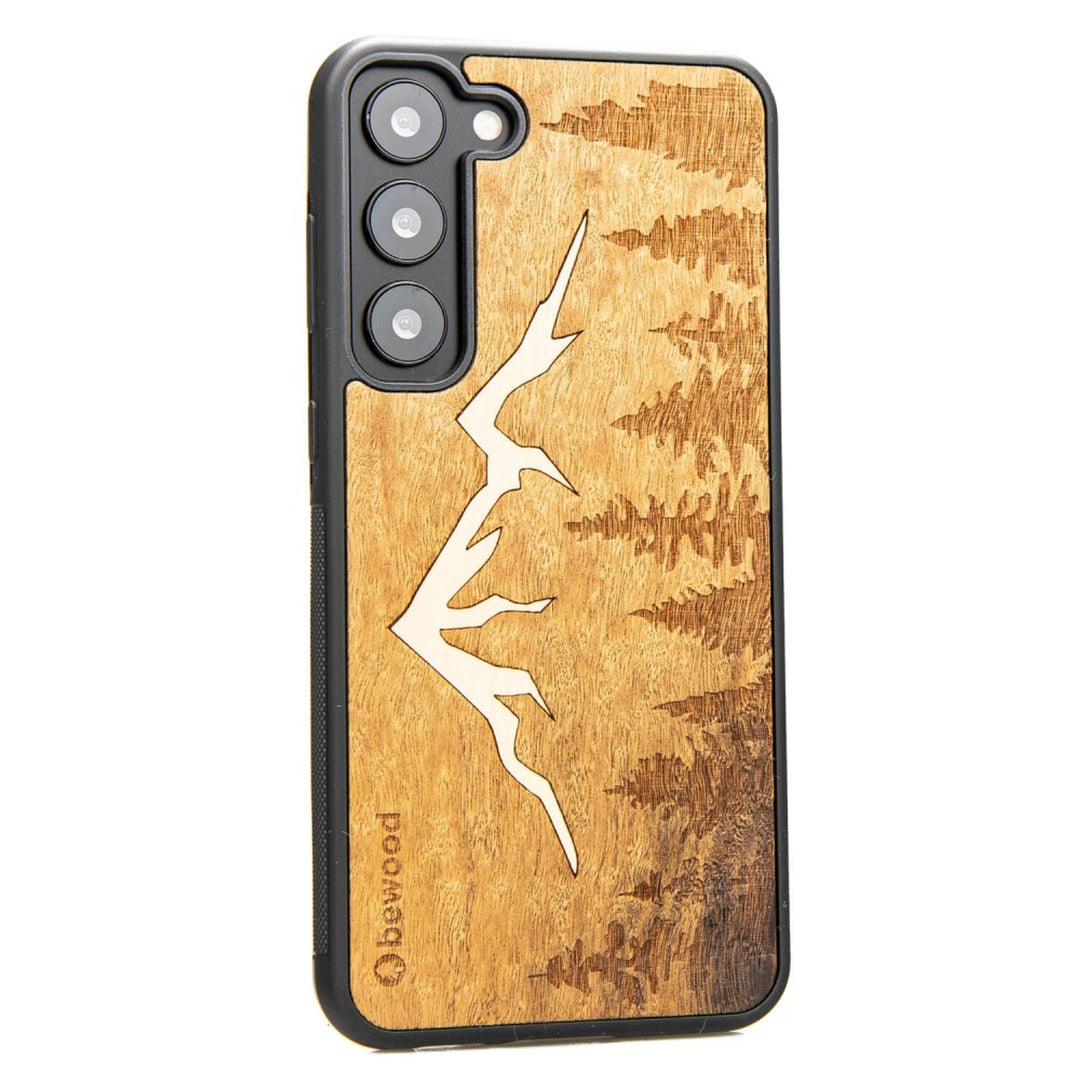 Bewood Handyhülle Holzetui Kompatibel mit Samsung Galaxy S23 Plus Schutzhülle Hergestellt aus Naturholz Handwerkliche Präzision (Berge/Imbuia)