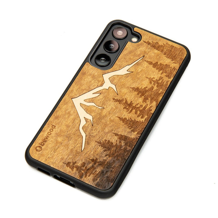 Bewood Handyhülle Holzetui Kompatibel mit Samsung Galaxy S23 Plus Schutzhülle Hergestellt aus Naturholz Handwerkliche Präzision (Berge/Imbuia)