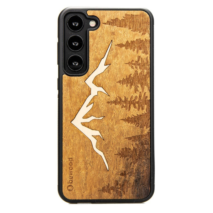 Bewood Handyhülle Holzetui Kompatibel mit Samsung Galaxy S23 Plus Schutzhülle Hergestellt aus Naturholz Handwerkliche Präzision (Berge/Imbuia)