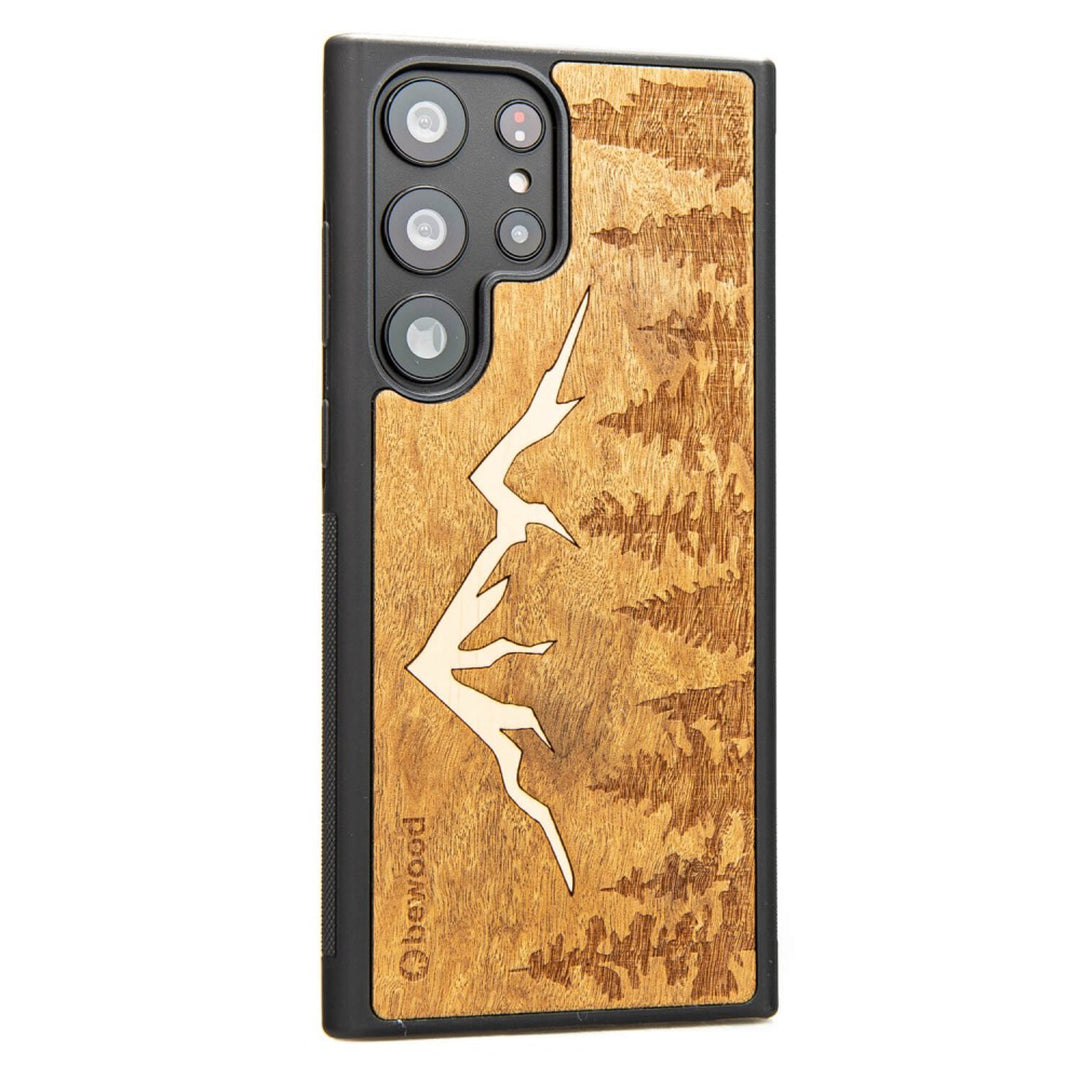 Bewood Handyhülle Holzetui Kompatibel mit Samsung Galaxy S23 Ultra Schutzhülle Hergestellt aus Naturholz Handwerkliche Präzision (Berge/Imbuia)