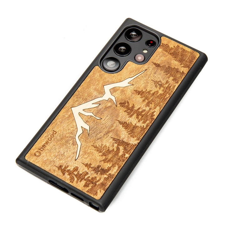 Bewood Handyhülle Holzetui Kompatibel mit Samsung Galaxy S23 Ultra Schutzhülle Hergestellt aus Naturholz Handwerkliche Präzision (Berge/Imbuia)