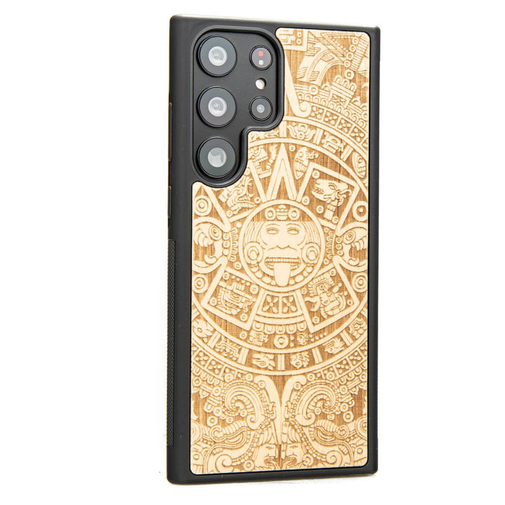 Bewood Handyhülle Holzetui Kompatibel mit Samsung Galaxy S23 Ultra Schutzhülle Hergestellt aus Naturholz Handwerkliche Präzision (Aztekischer Kalender/Aniegre)