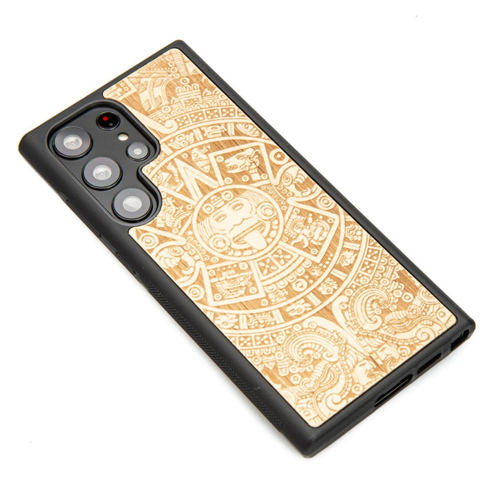 Bewood Handyhülle Holzetui Kompatibel mit Samsung Galaxy S23 Ultra Schutzhülle Hergestellt aus Naturholz Handwerkliche Präzision (Aztekischer Kalender/Aniegre)