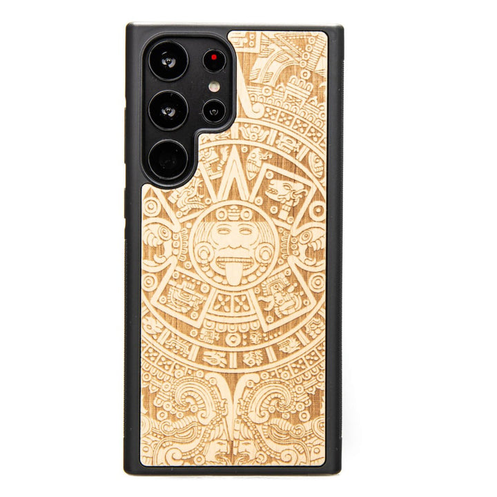 Bewood Handyhülle Holzetui Kompatibel mit Samsung Galaxy S23 Ultra Schutzhülle Hergestellt aus Naturholz Handwerkliche Präzision (Aztekischer Kalender/Aniegre)