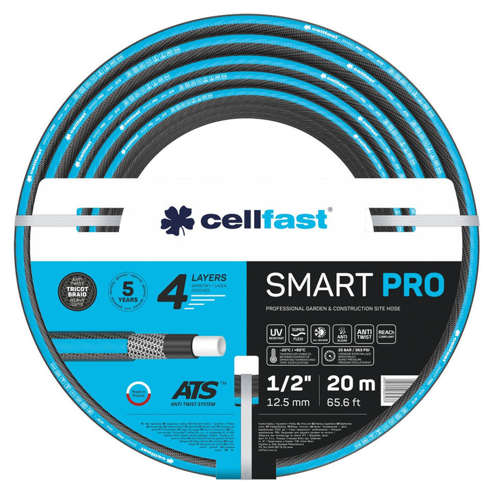 Cellfast SMART PRO ATS 4-lagiger Gartenschlauch ATS Trikotgewebe Flexibel Knickfest UV und Algenfest 1/2" 20 m