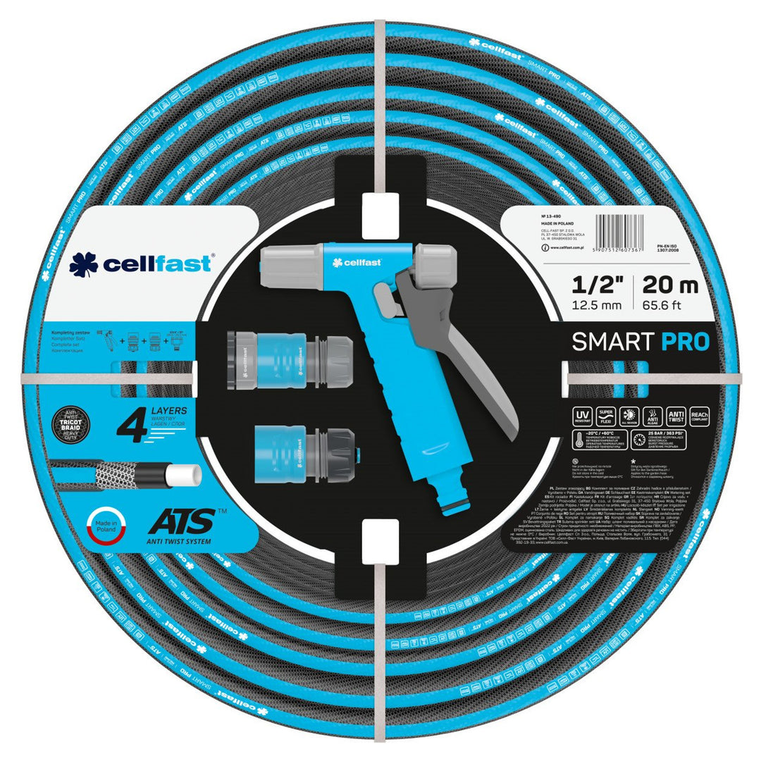 Cellfast SMART PRO ATS 4-lagiger Gartenschlauch Schlauchset mit Zubehör ATS Trikotgewebe Flexibel Knickfest UV und Algenfest 1/2" 20 m