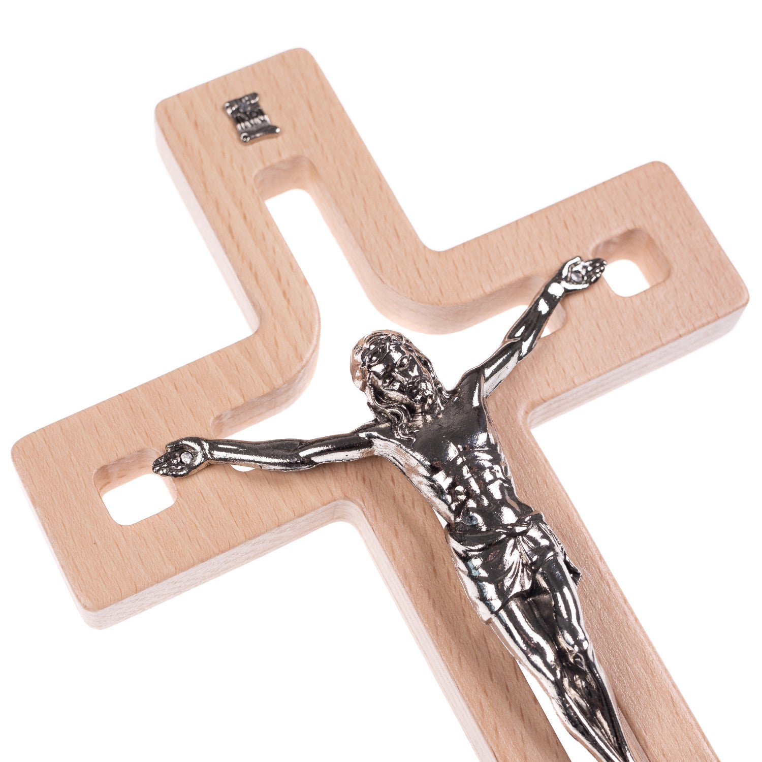 Hölzernes hängendes Kreuz modern mit dem Passionskreuz natürlich 25x16 –  Euroelectronics DE