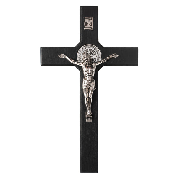 Hängendes Kreuz des Heiligen Benedikt mit dem Passionskreuz Hängekreuz aus Buchenholz (Schwarz, 28x16x1,8cm)