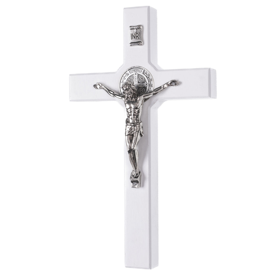 Hängendes Kreuz des Heiligen Benedikt mit dem Passionskreuz Hängekreuz aus Buchenholz (Weiß, 28x16x1,8cm)