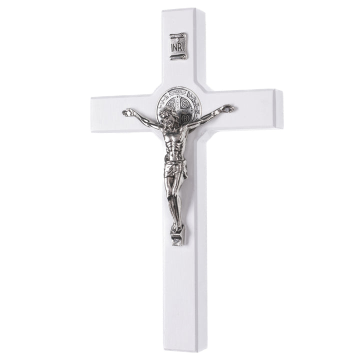 Hängendes Kreuz des Heiligen Benedikt mit dem Passionskreuz Hängekreuz aus Buchenholz (Weiß, 28x16x1,8cm)
