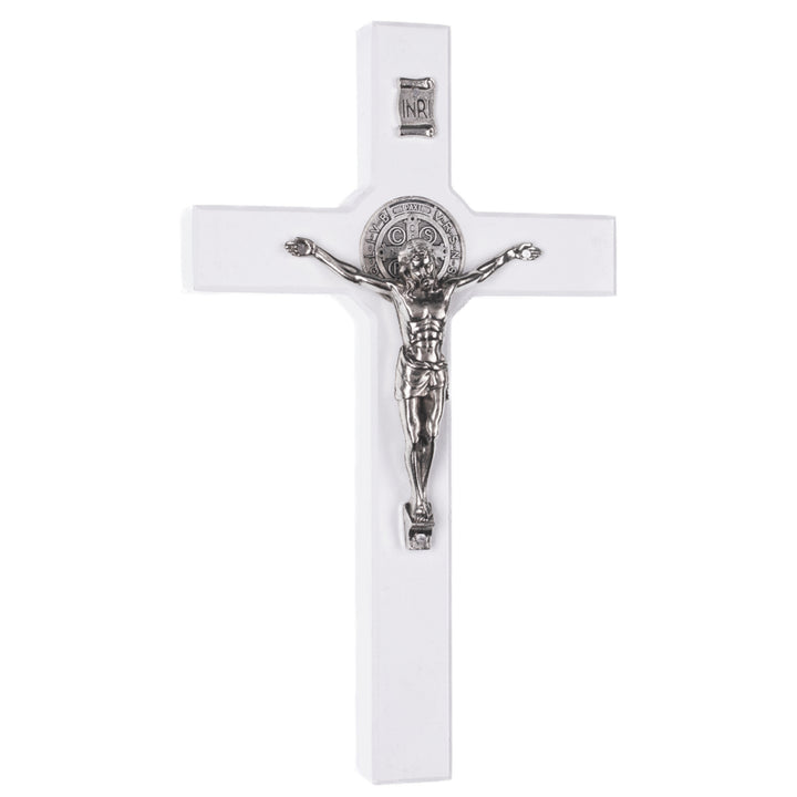 Hängendes Kreuz des Heiligen Benedikt mit dem Passionskreuz Hängekreuz aus Buchenholz (Weiß, 28x16x1,8cm)