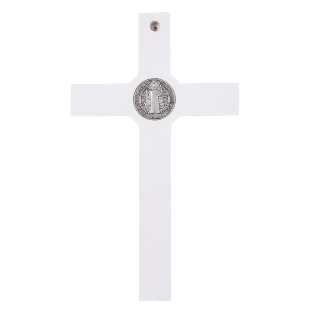 Hängendes Kreuz des Heiligen Benedikt mit dem Passionskreuz Hängekreuz aus Buchenholz (Weiß, 28x16x1,8cm)