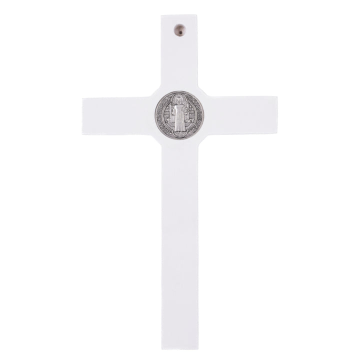 Hängendes Kreuz des Heiligen Benedikt mit dem Passionskreuz Hängekreuz aus Buchenholz (Weiß, 28x16x1,8cm)