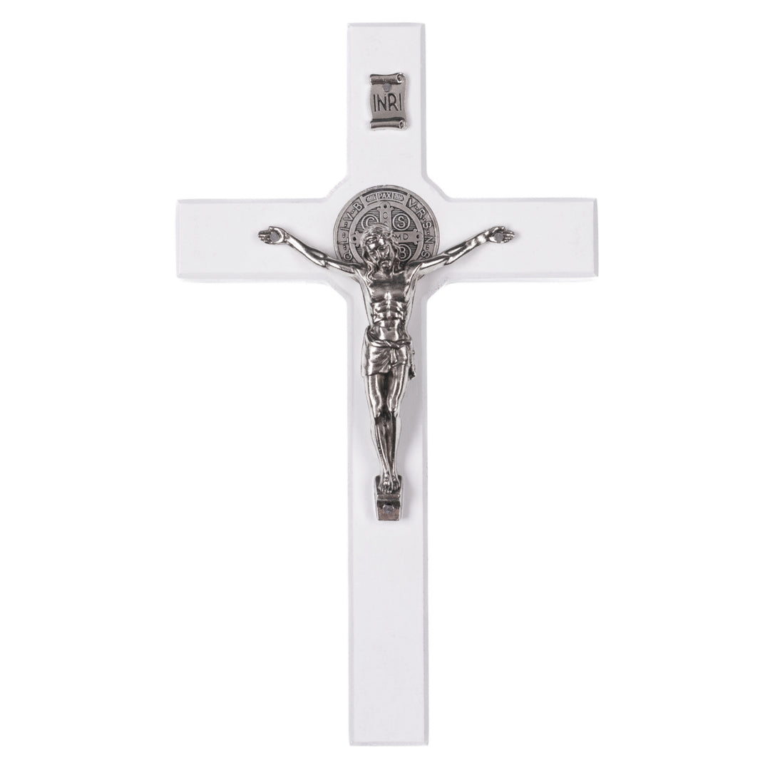 Hängendes Kreuz des Heiligen Benedikt mit dem Passionskreuz Hängekreuz aus Buchenholz (Weiß, 28x16x1,8cm)