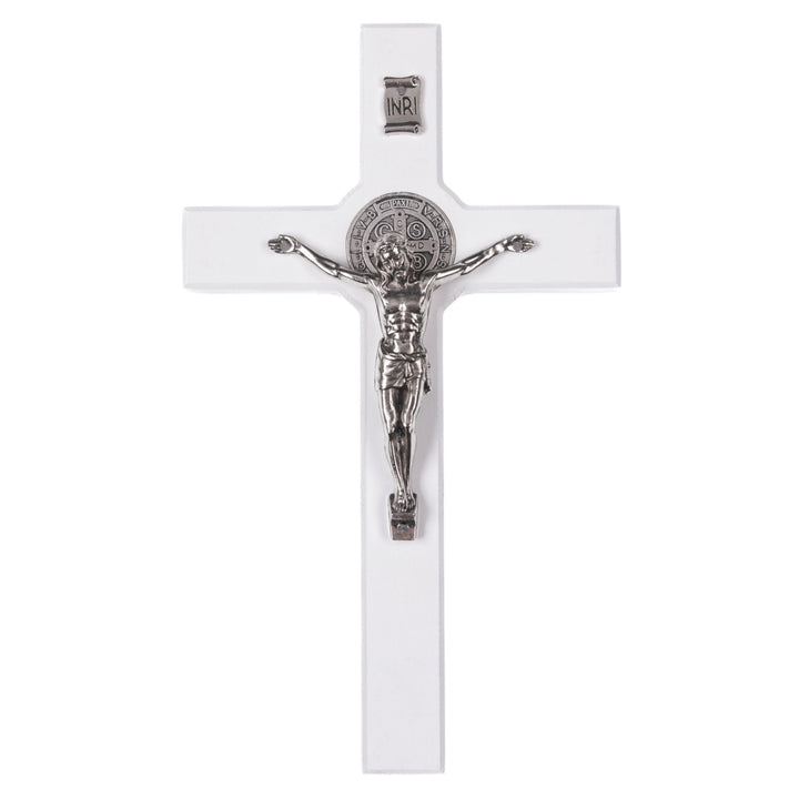 Hängendes Kreuz des Heiligen Benedikt mit dem Passionskreuz Hängekreuz aus Buchenholz (Weiß, 28x16x1,8cm)