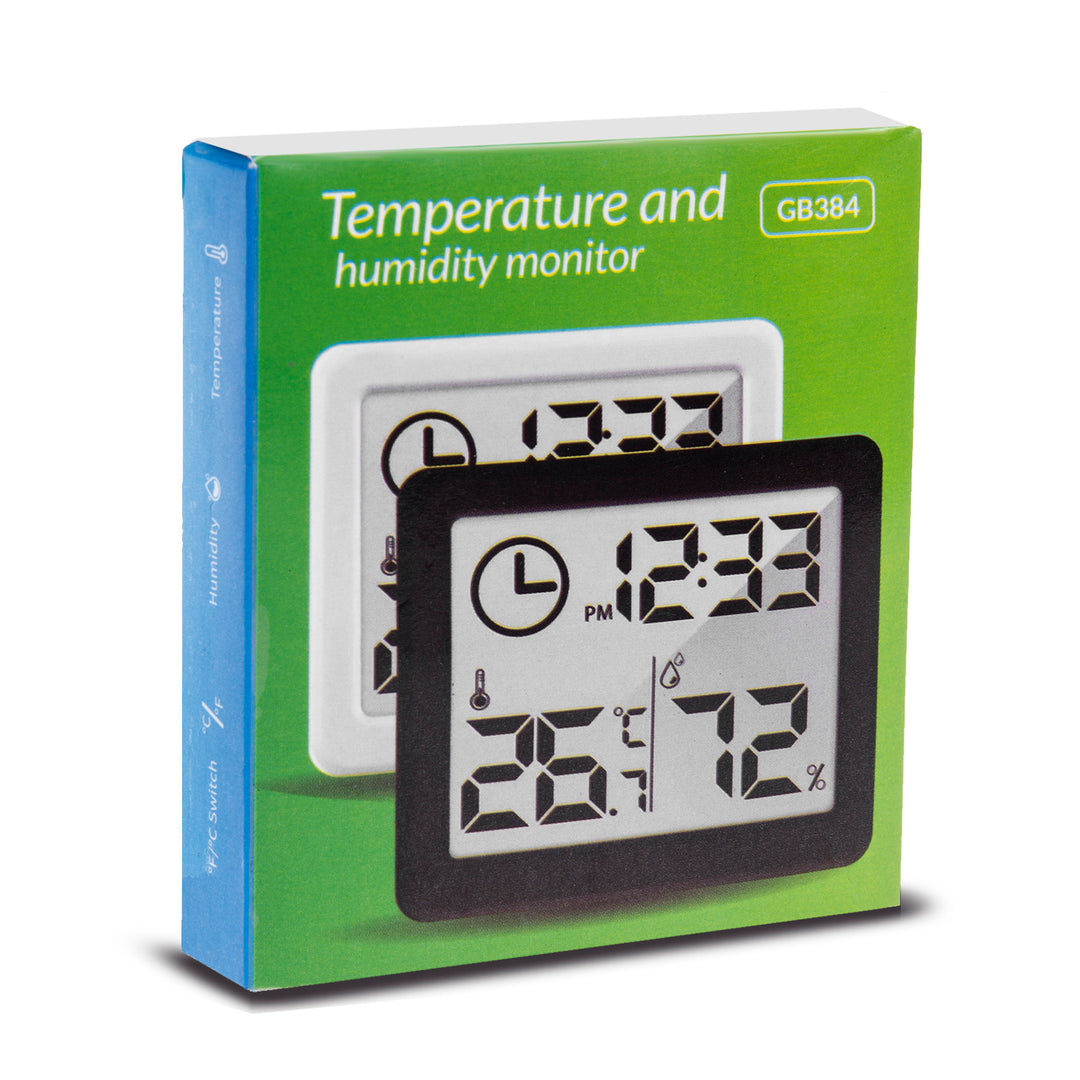 Digitales Thermometer/Hygrometer mit Uhrfunktion, Umgebungstemperatur und Luftfeuchtigkeit (Weiß)