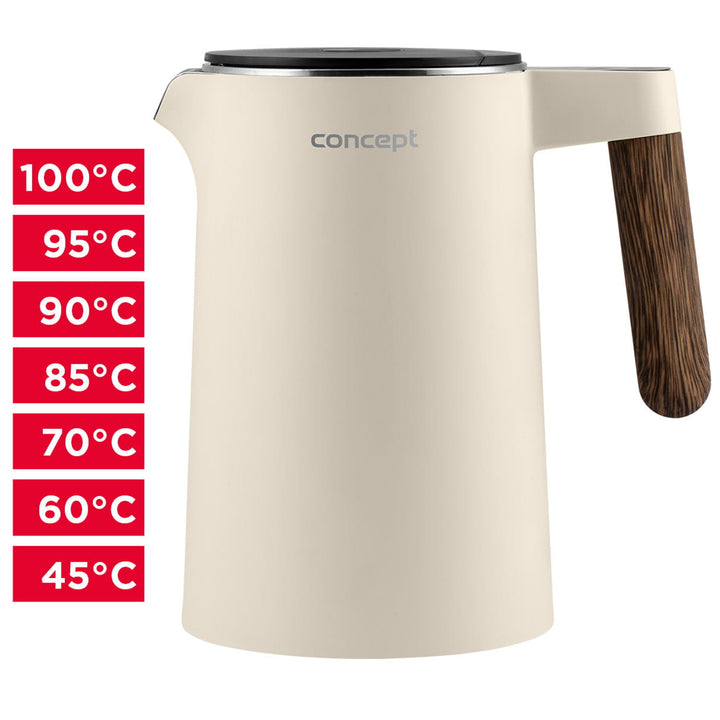 Concept Norwood Wasserkocher aus Edelstahl mit Temperaturregelung 45/60/70/85/90/95/100°C KEEP WARM-Funktion 1,5L 1850-2200 W (Vanille)