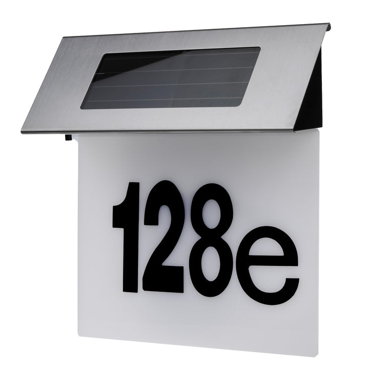 Solar Hausnummernleuchte mit Plexiglas: 17x13cm Hausnummer mit LED Beleuchtung Dämmerungssensor IP44 60lm 1.5W Kaltweiß 6000K Außenwandleuchte