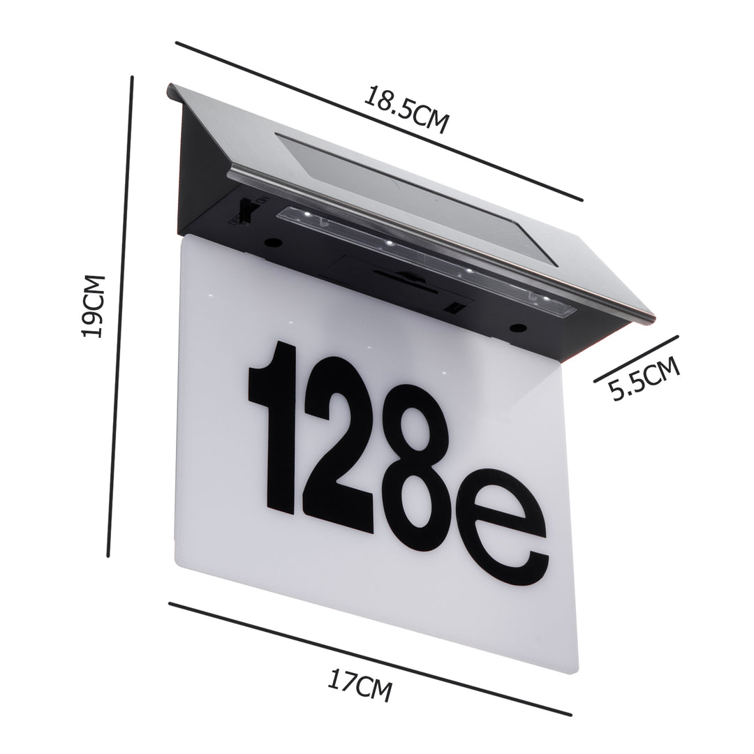 Solar Hausnummernleuchte mit Plexiglas: 17x13cm Hausnummer mit LED Beleuchtung Dämmerungssensor IP44 60lm 1.5W Kaltweiß 6000K Außenwandleuchte