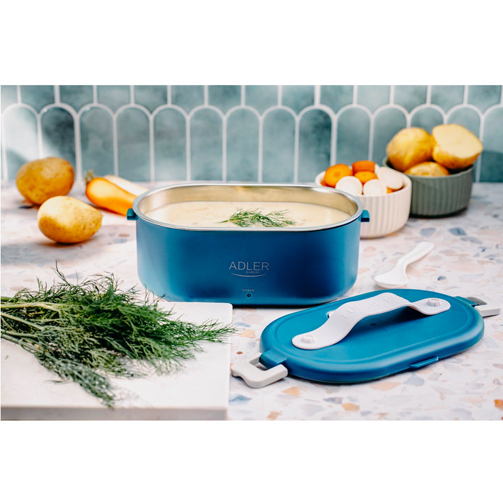 Adler Europe AD 4505 Elektrische Lunchbox Lebensmittelbehälter Fassungsvermögen: 0,8 Liter Erwärmt und Hält Mahlzeiten bis zu 70 °C Warm Nennleistung: 45–55 W 220–240 V ~ 50/60 Hz (Blau)