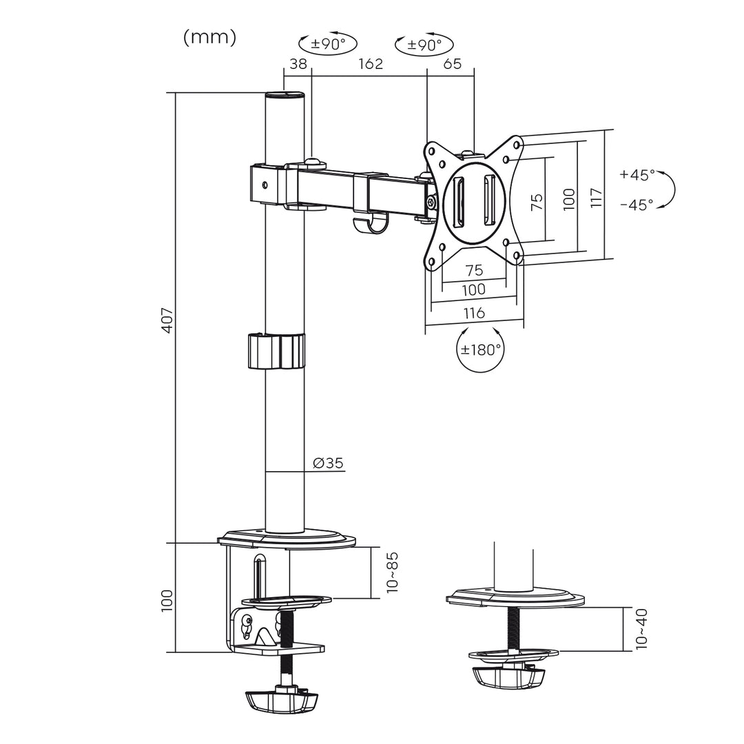 Monitorhalterung 17-32" Tischhalterung, Höhenverstellbar, Schwenkbar Neigbar Drehbar VESA 75x75 100x100, Monitorarm mit Gelenk Belastung bis 9kg