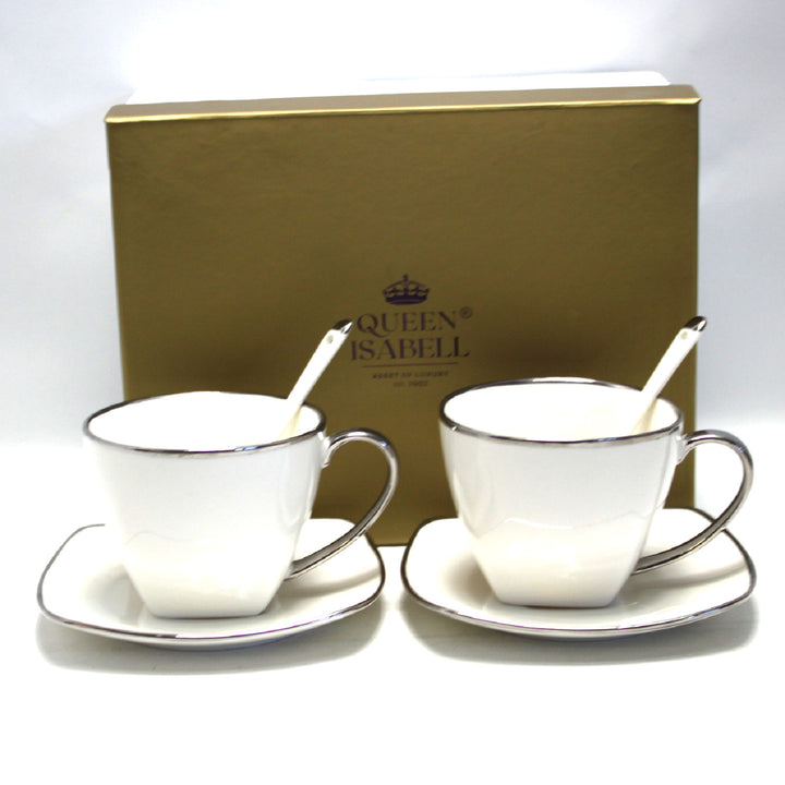 Queen Isabell Kaffeetassen-Set mit Untertassen und Löffel 2 Stück Porzellanset , Knochenporzellan, 250ml