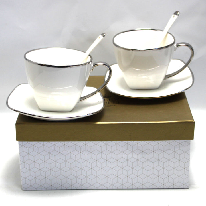 Queen Isabell Kaffeetassen-Set mit Untertassen und Löffel 2 Stück Porzellanset , Knochenporzellan, 250ml