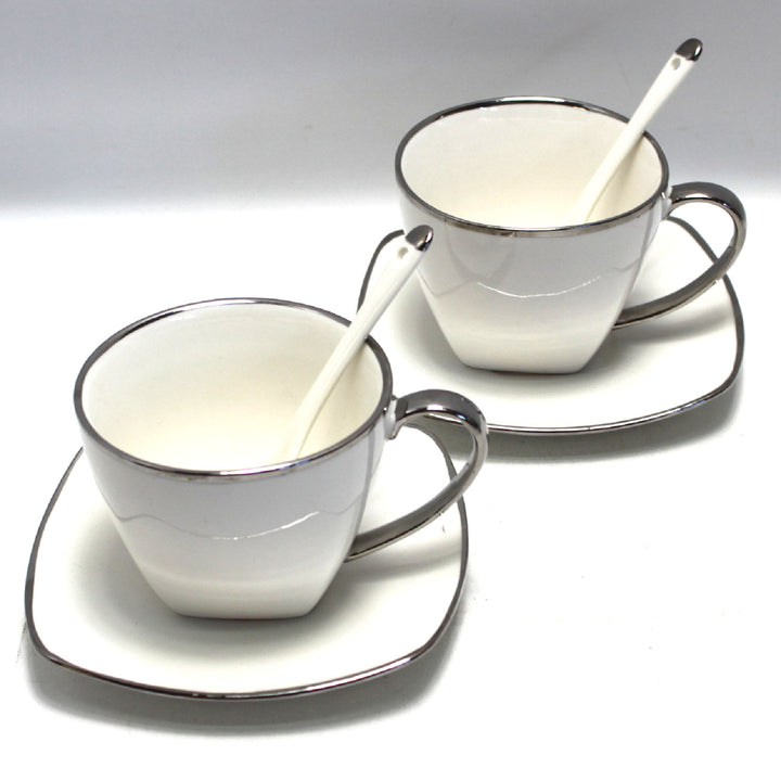Queen Isabell Kaffeetassen-Set mit Untertassen und Löffel 2 Stück Porzellanset , Knochenporzellan, 250ml