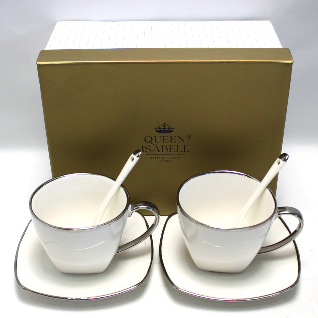 Queen Isabell Kaffeetassen-Set mit Untertassen und Löffel 2 Stück Porzellanset , Knochenporzellan, 250ml