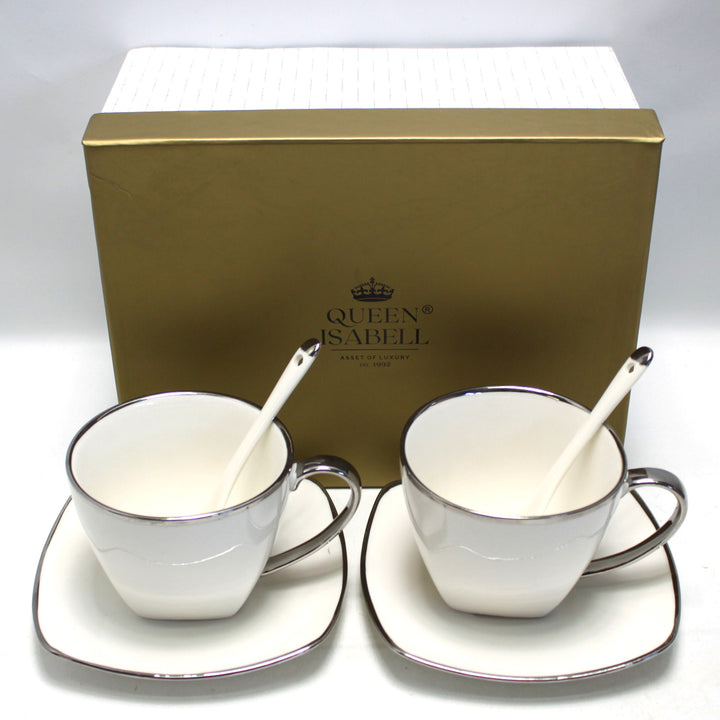 Queen Isabell Kaffeetassen-Set mit Untertassen und Löffel 2 Stück Porzellanset , Knochenporzellan, 250ml