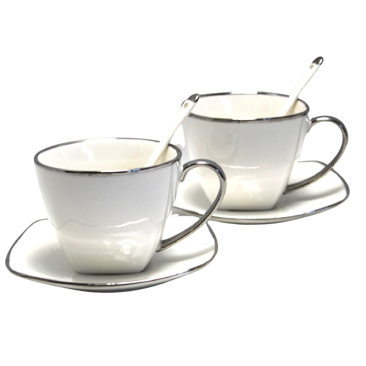 Queen Isabell Kaffeetassen-Set mit Untertassen und Löffel 2 Stück Porzellanset , Knochenporzellan, 250ml