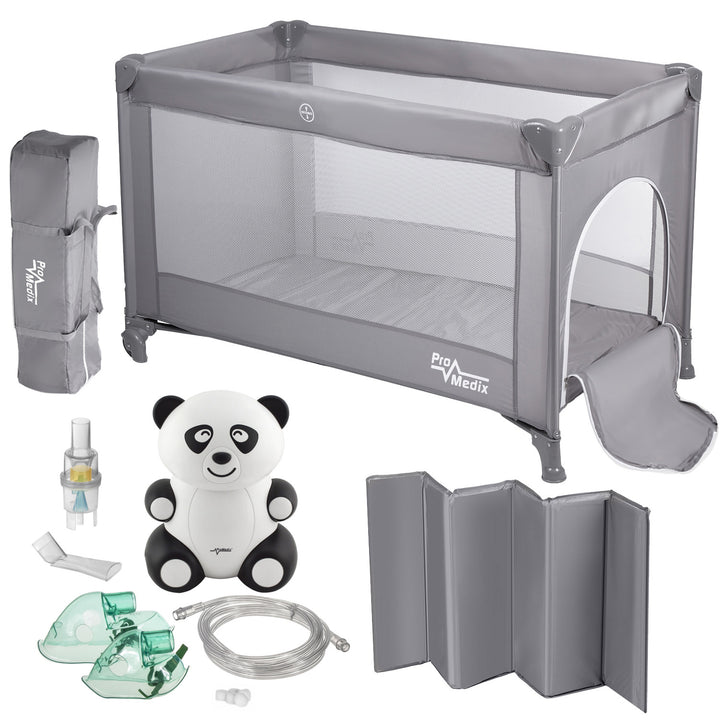 Promedix Reisebett, 125x65x74cm, grau, Rollen, Schutzhülle, PR-803 G + Panda Baby-Inhalator PR-812