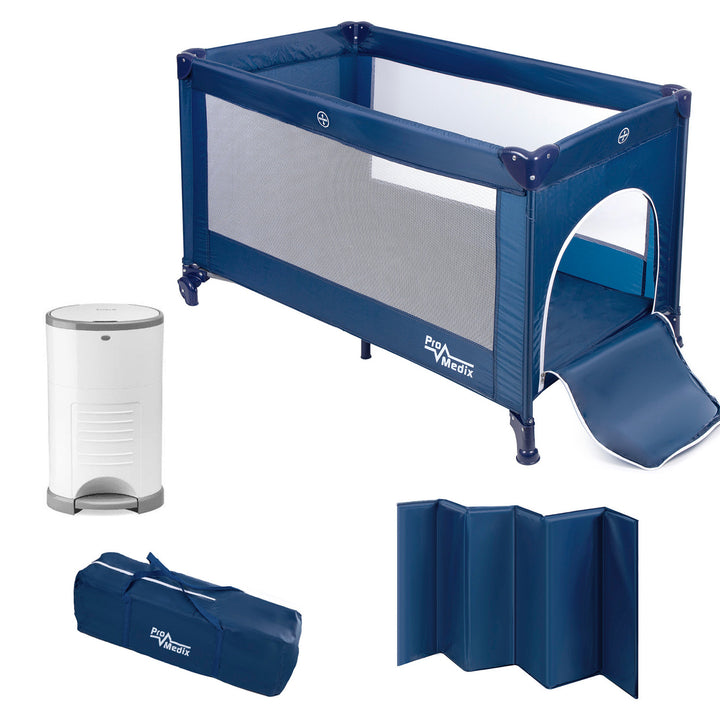 Reisebett Promedix,125x65x74cm, blau, Rollen, Schutzhülle, PR-803B + Corbell 9L Windeleimer