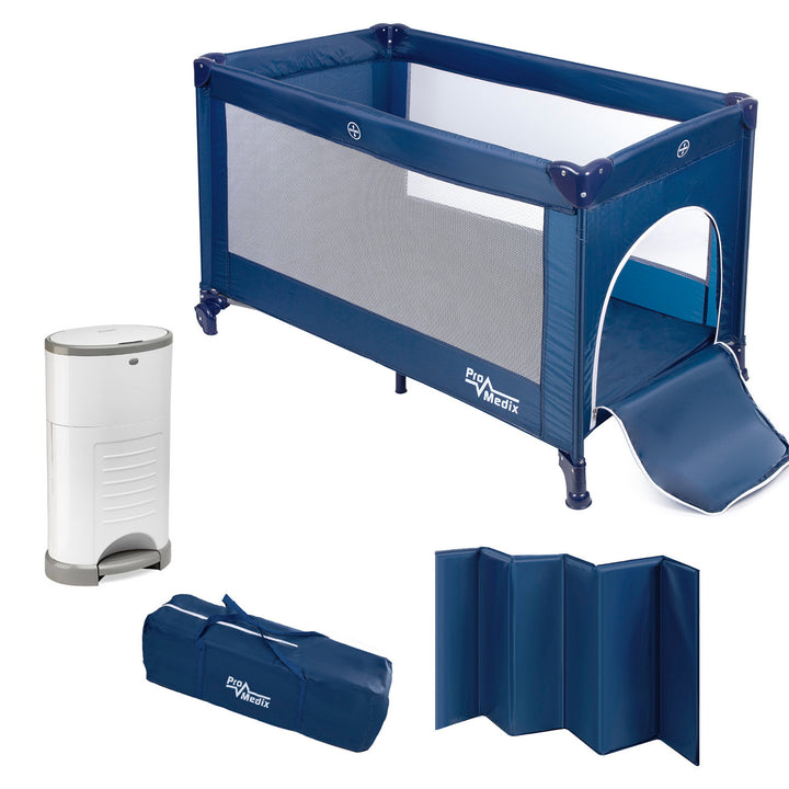 Reisebett Promedix,125x65x74cm, blau, Rollen, Schutzhülle, PR-803B + Corbell 16L  Windeleimer