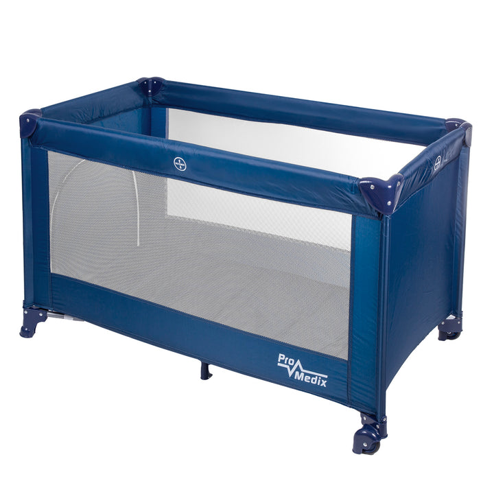 Promedix Modell PR-803 B Kompaktes Reisebett 125x65x74cm Kinderbett in Blau mit Rollen und Schutzhülle, Leicht zu Transportieren und Ideale Schlafstätte für Unterwegs